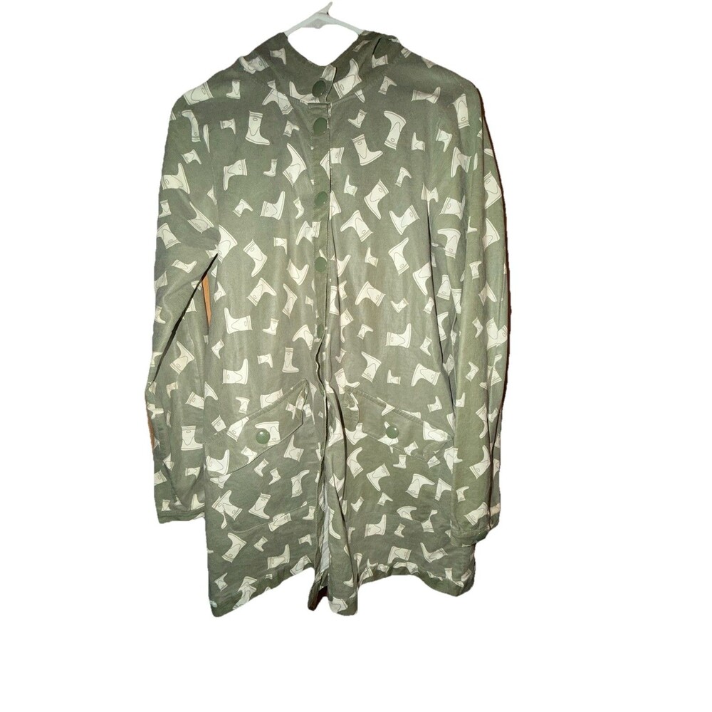 Zara Trafaluc Rain Boot Print Green Button Hooded Rain Coat Jacket Women Size M